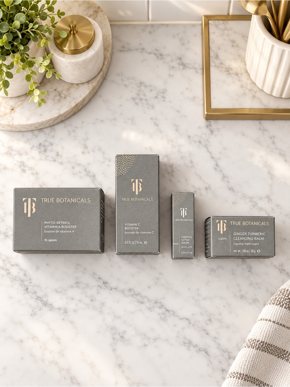 TRUE BOTANICALS 4 PIECE SKINCARE SET VITAMIN C RETINOL CHEBULA BALM NIB